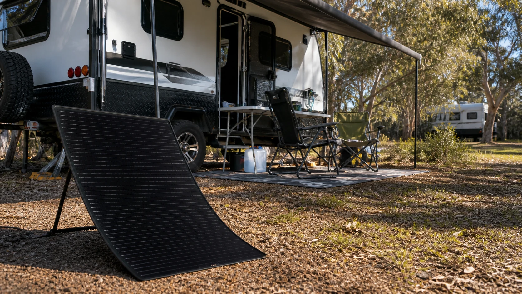 Flexible ETFE solar panel deployed beside an off-road caravan at an inland Australian RV campground