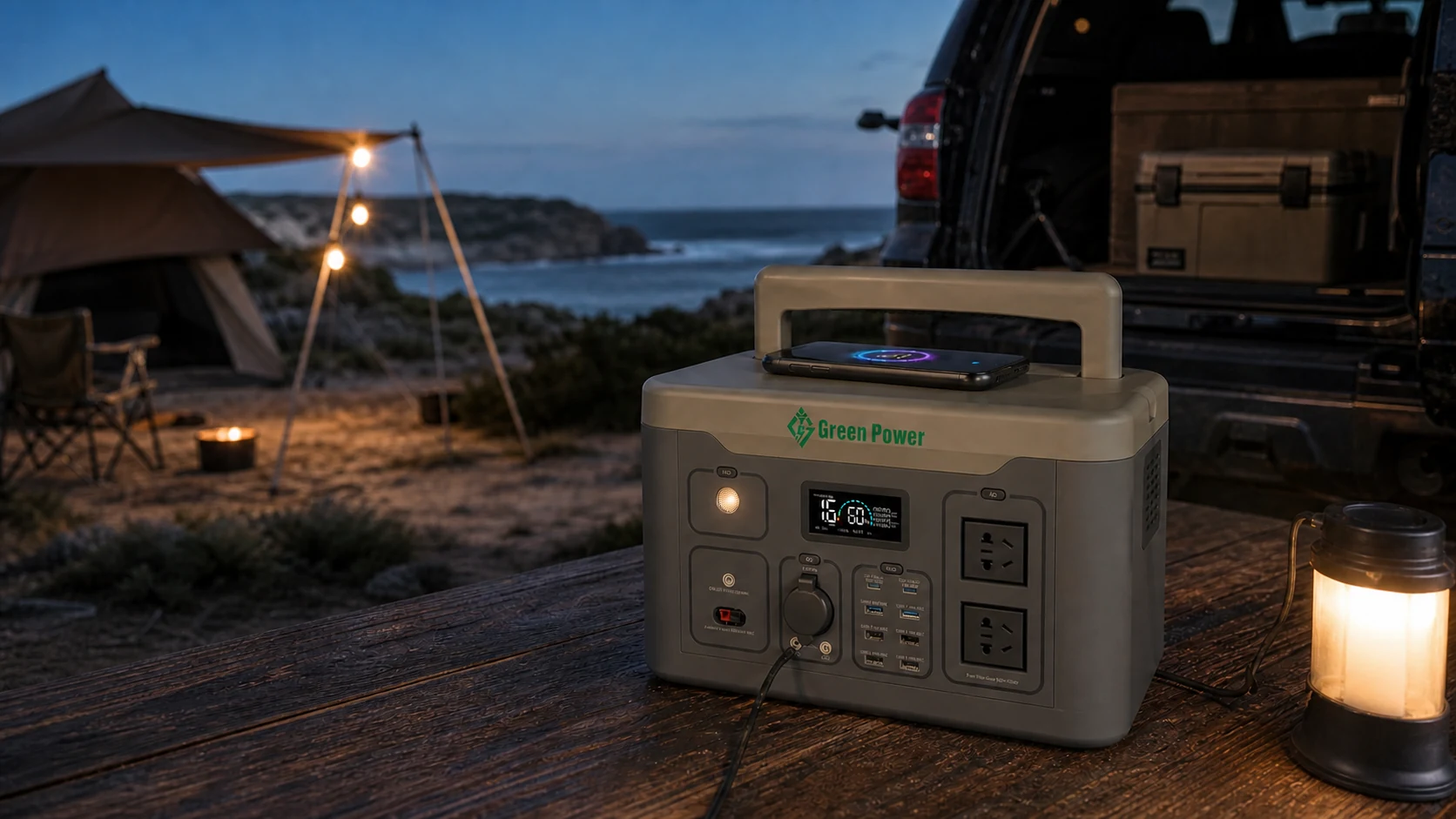 YG Green Power portable power station running a lantern and charging a phone at a coastal campsite